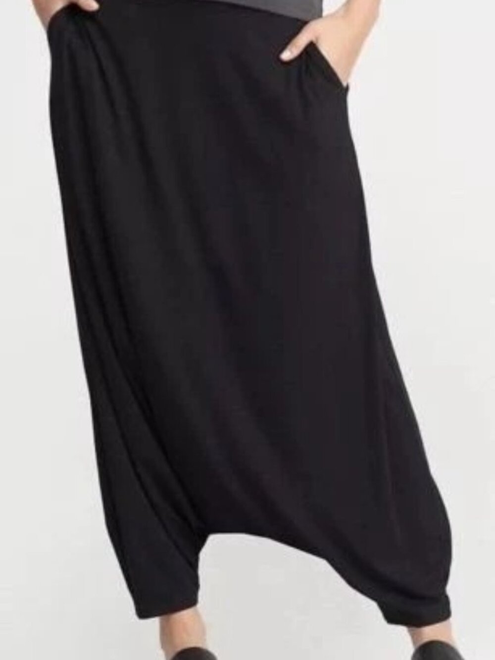 Eileen Fisher Black Dropped Crotch Harem Pants Pockets EUC M